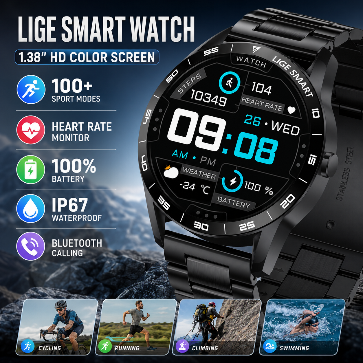 Smartwatch Watches Birthday Gift For Men - LIGE New Men's Smart Watch 1.38''